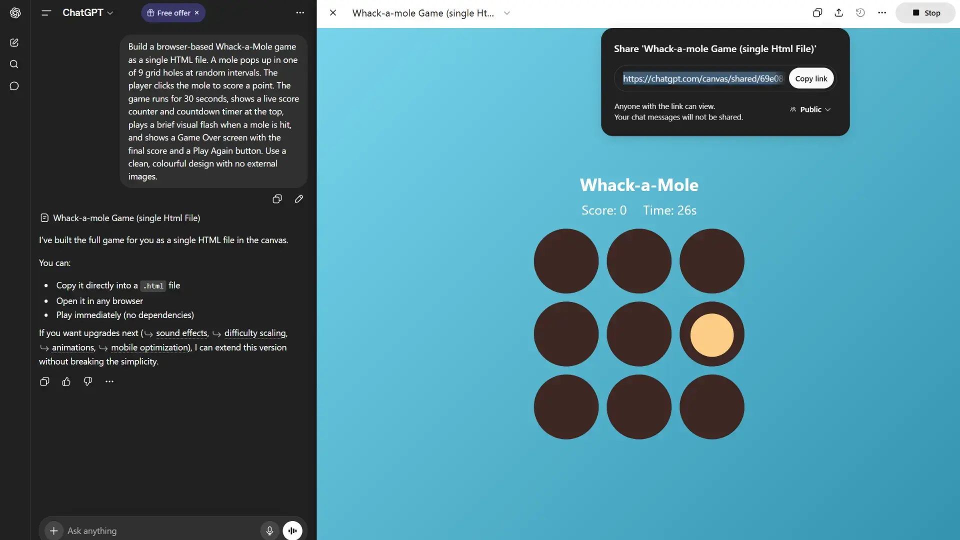 ChatGPT AI game maker producing minimal Whack-a-Mole browser game