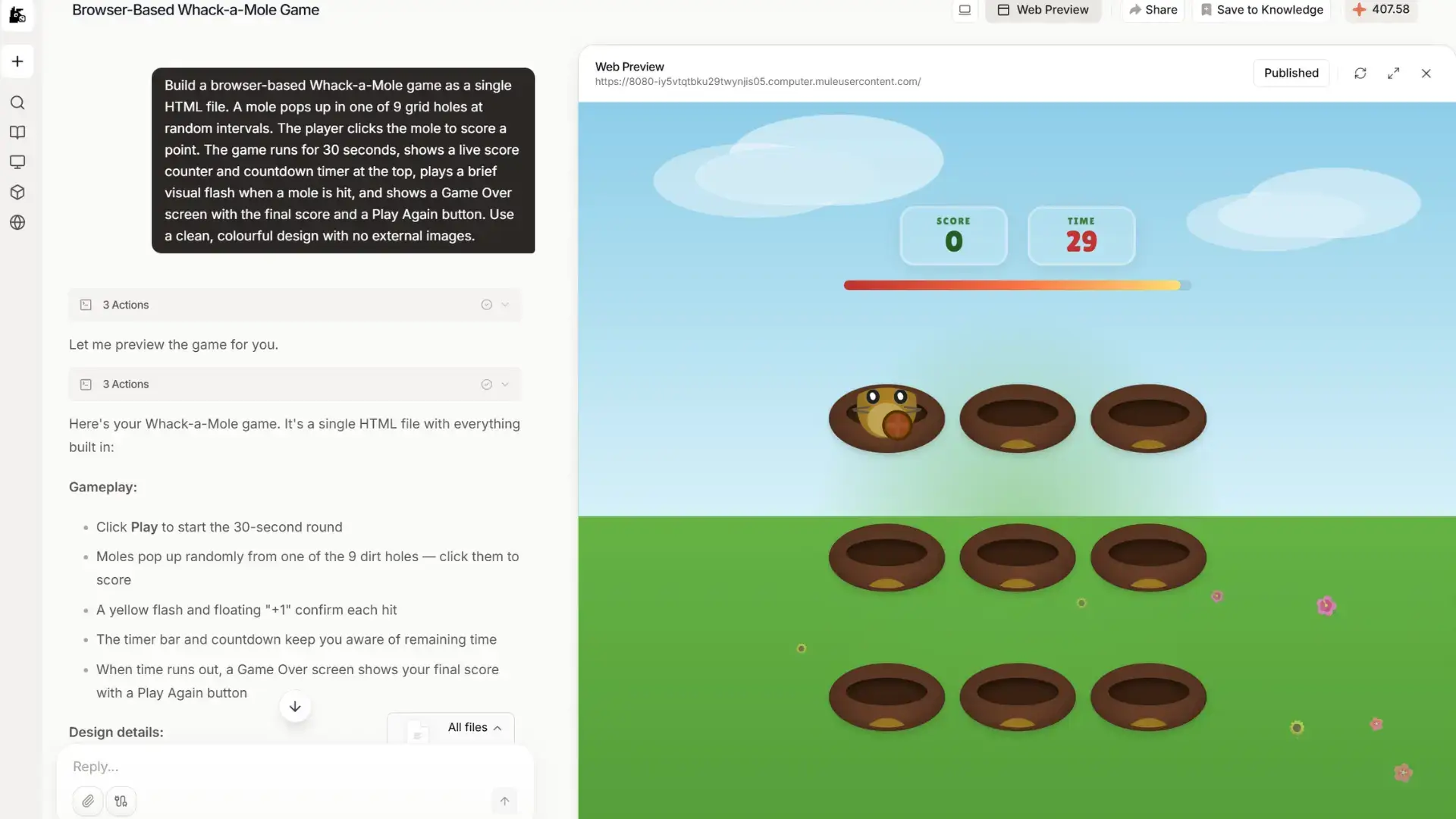 MuleRun Chat ai game builder deploying illustrated Whack-a-Mole with live URL