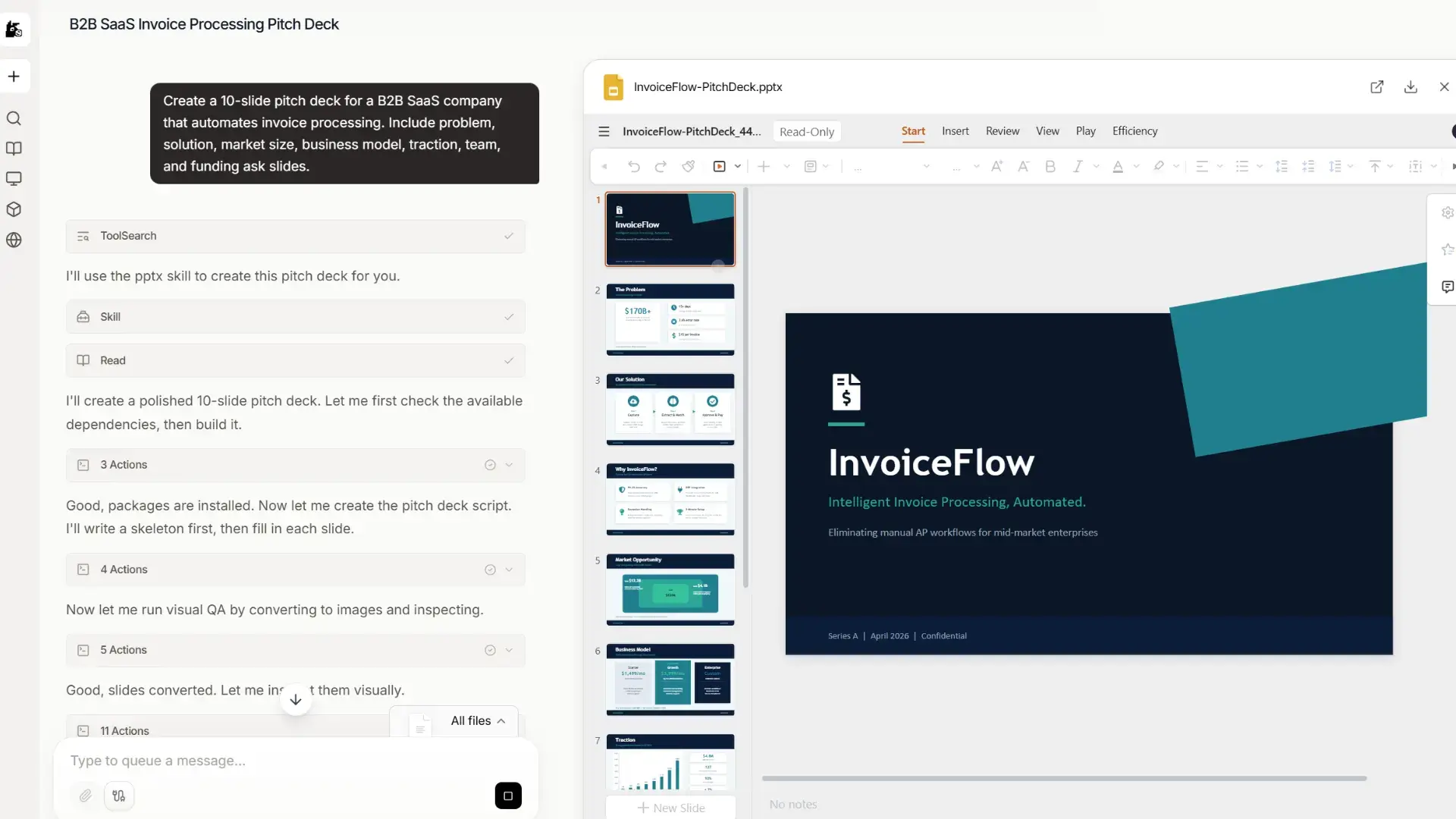 usiness pitch deck slides created with AI slide deck generator