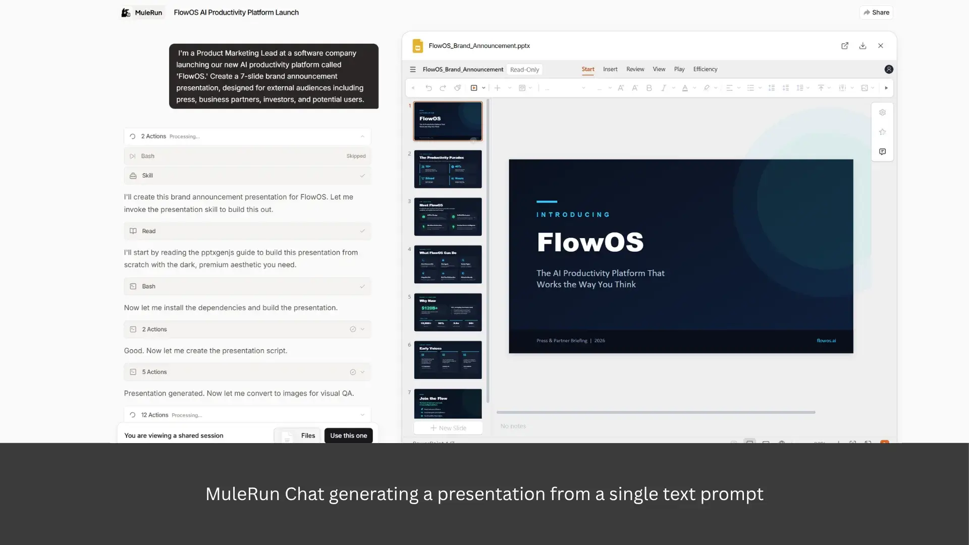 AI presentation maker generating slide deck from text prompt in MuleRun Chat