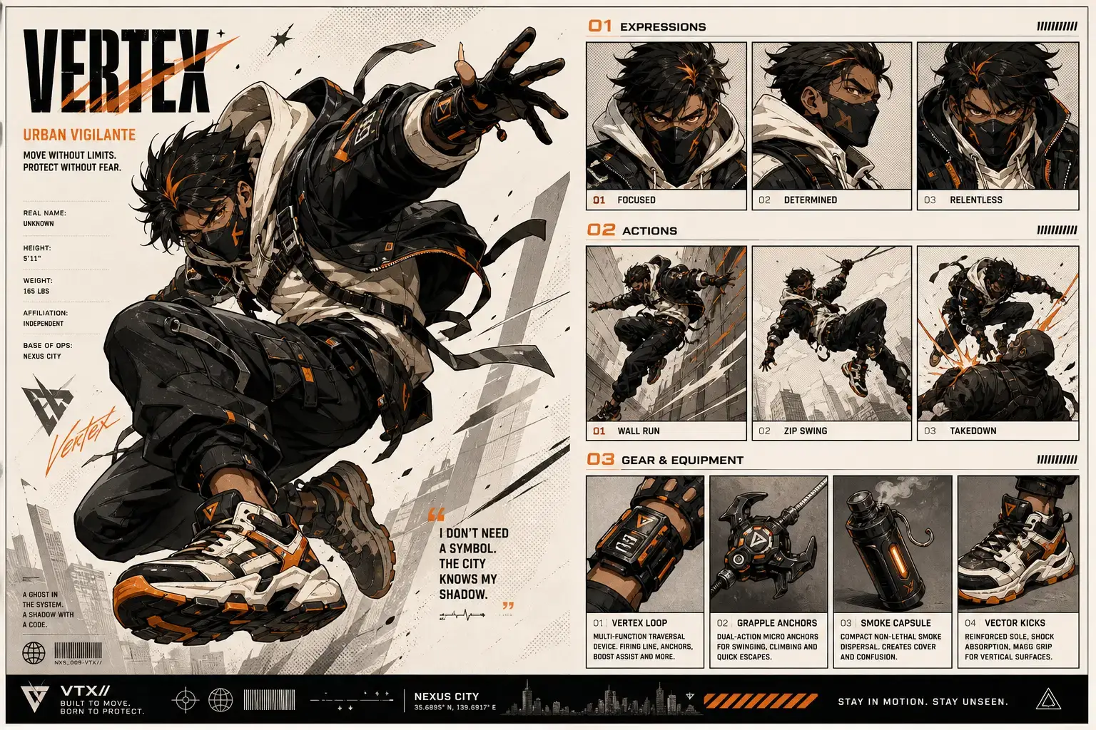AI-generated character design sheet for Vertex urban vigilante with expressions, actions, and gear panels
