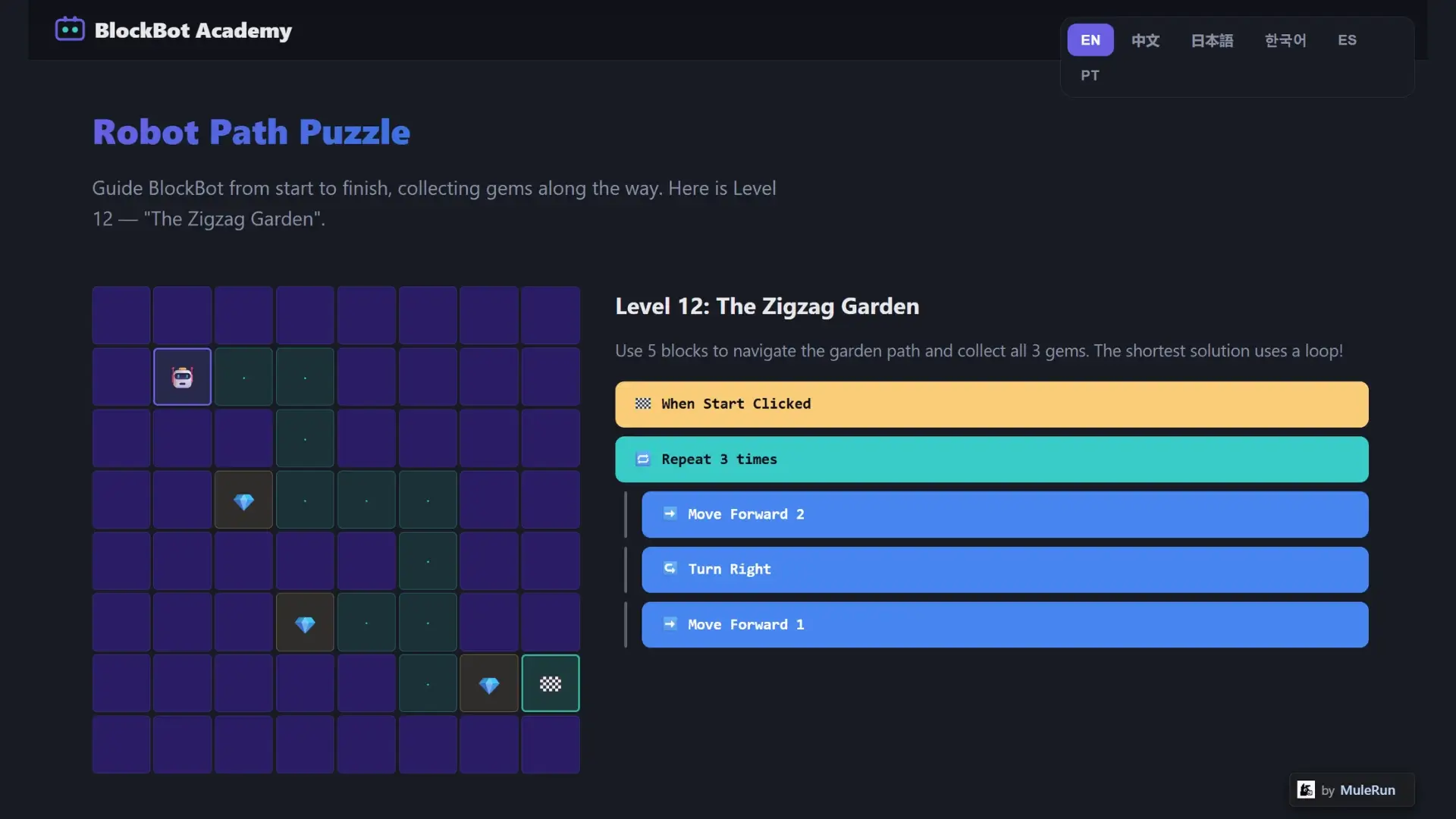 BlockBot Academy robot path puzzle grid with gems and start-to-finish path