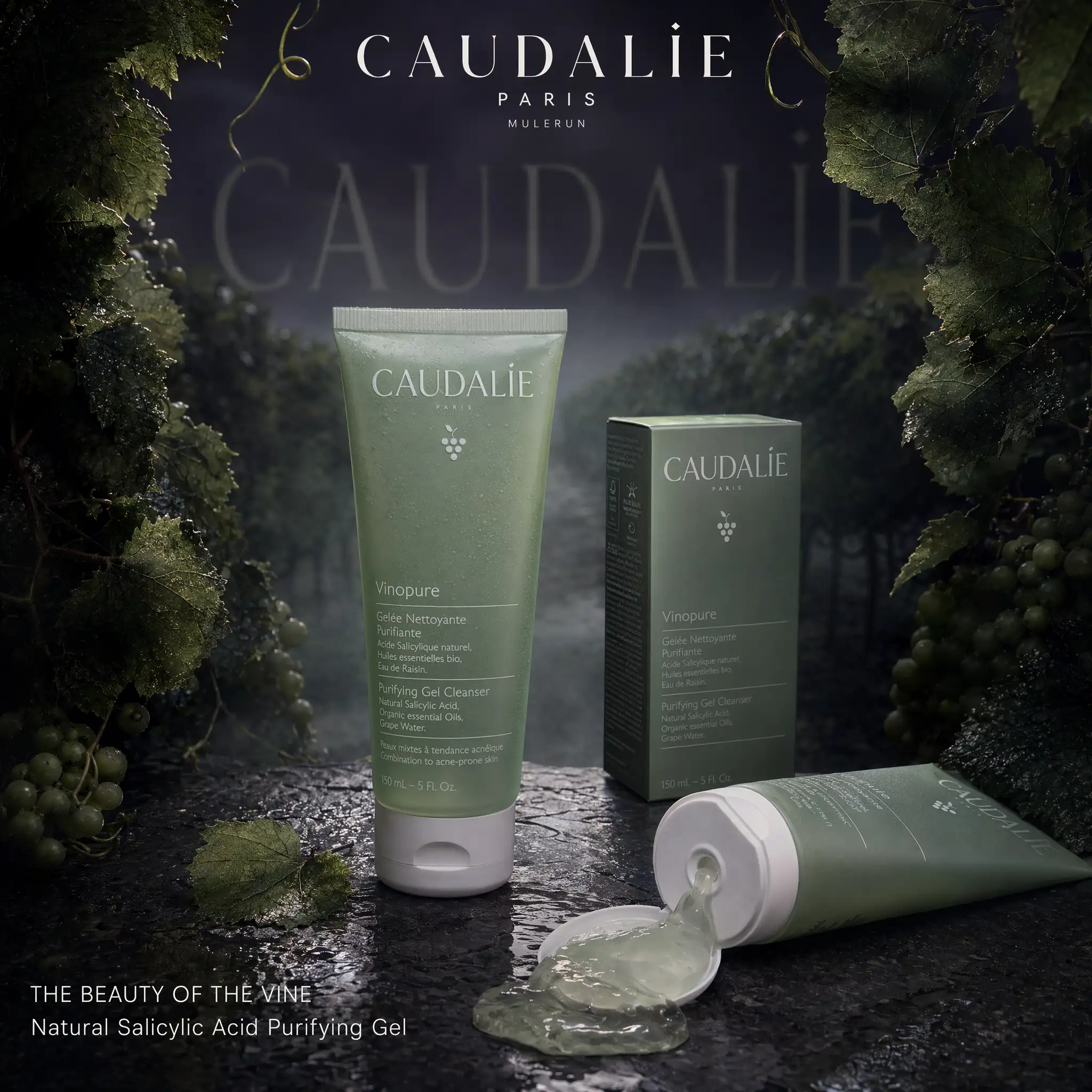 AI-generated Caudalie Vinopure cinematic product ad with dark vineyard setting and perspective typography