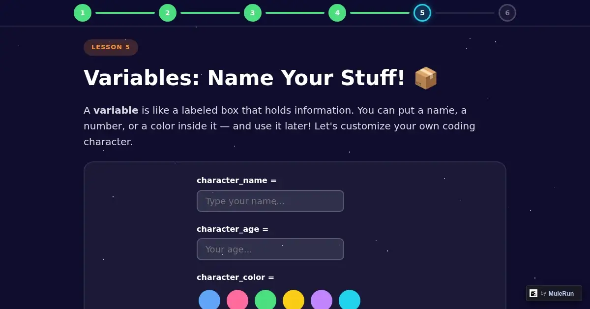 Variables lesson where kids create a coding character with name age and color inputs