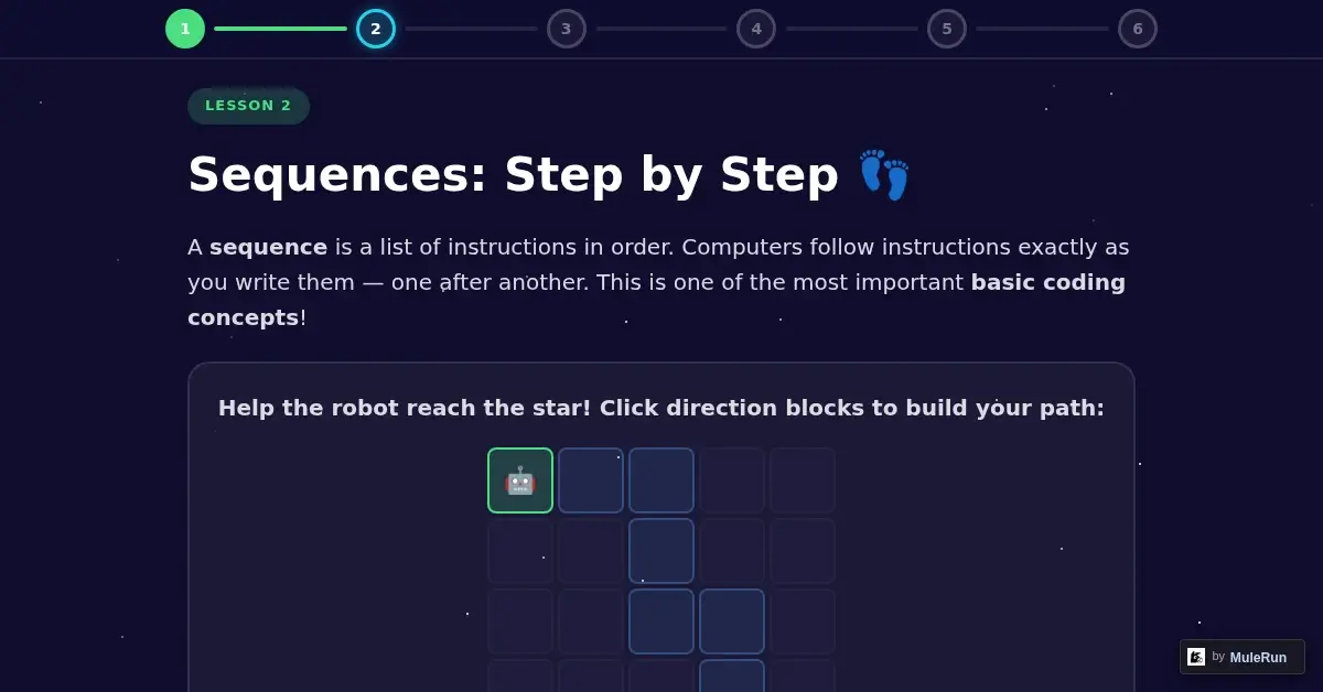 Coding sequences lesson for kids with direction blocks and robot maze grid