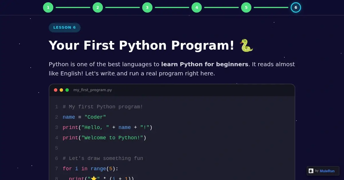 Kids Python coding lesson with editable code editor showing print and loop commands