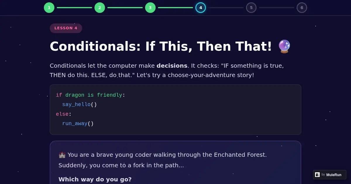 If-else conditional coding lesson with choose-your-adventure story for kids