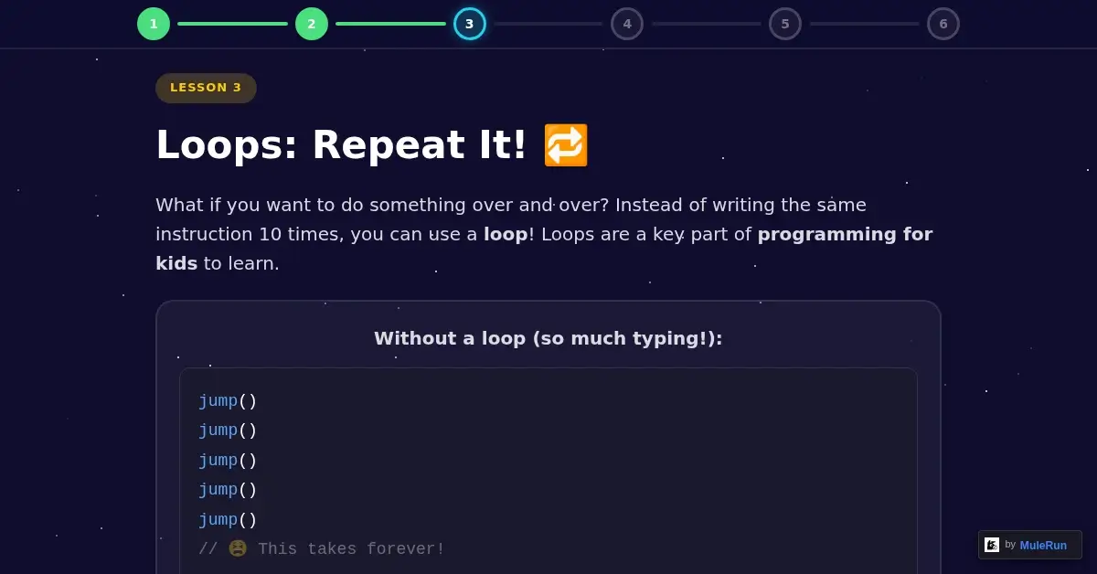 Interactive loop lesson comparing repeated jump commands to a single repeat loop