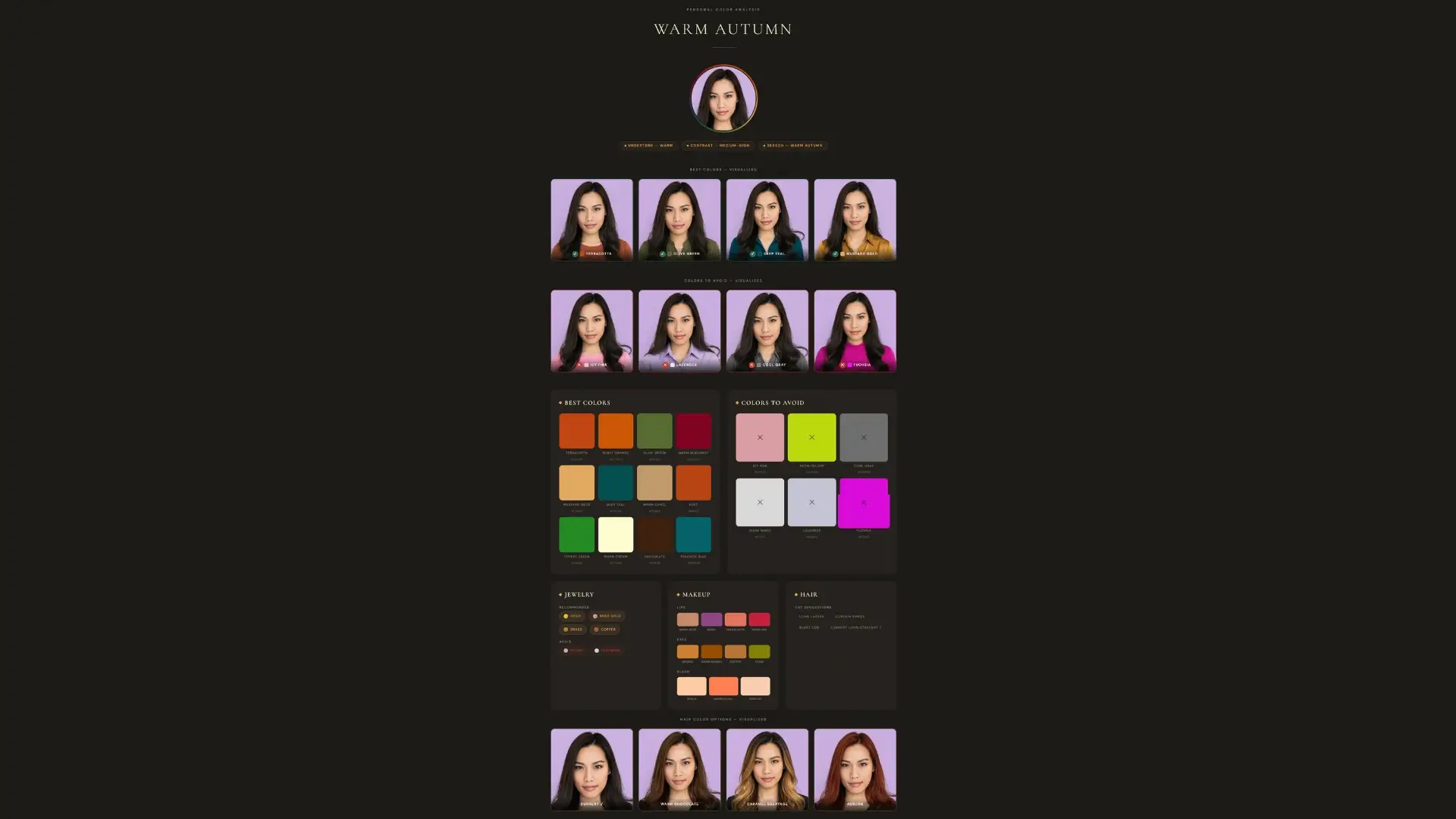 Personal color analysis report showing best colors and palette with hex codes