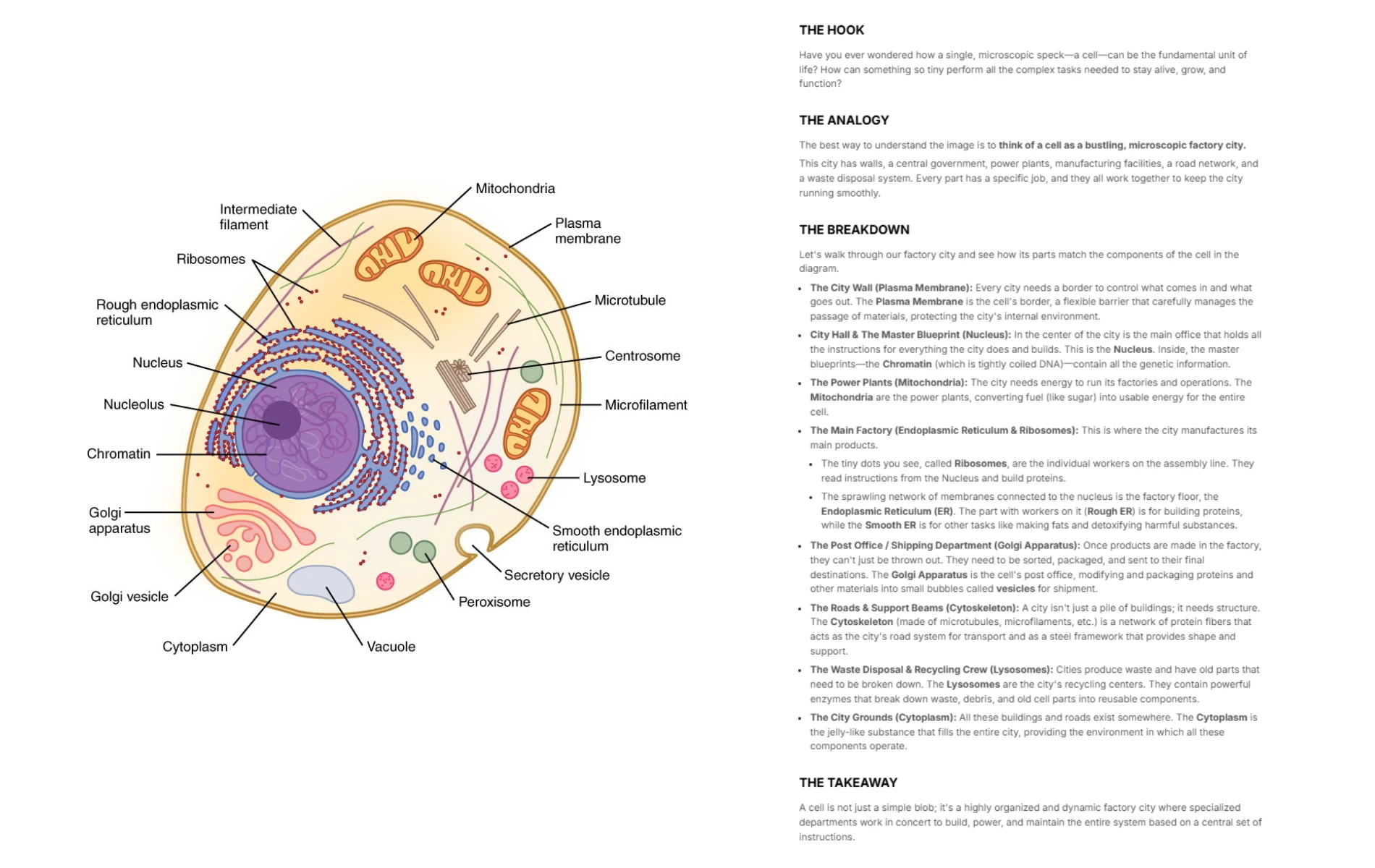 Diagram of a cell with breakdown text, showing how an AI image describer analyzes scientific illustrations