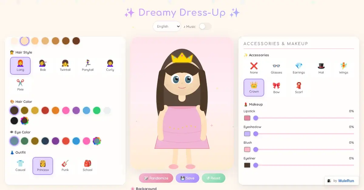 Princess outfit with crown selected in Dreamy Dress-Up game
