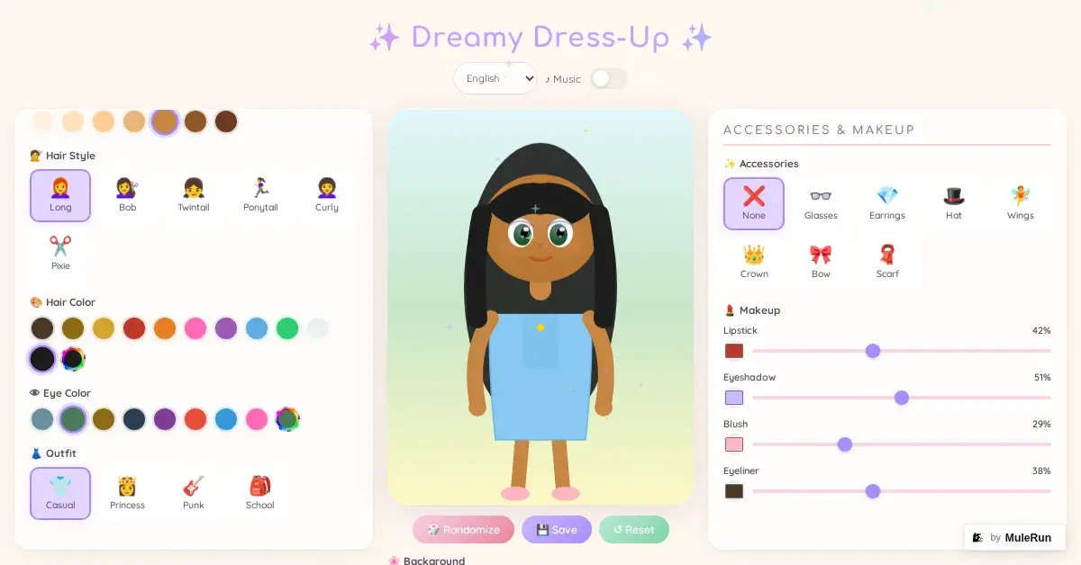 Randomized character look with makeup sliders in Dreamy Dress-Up