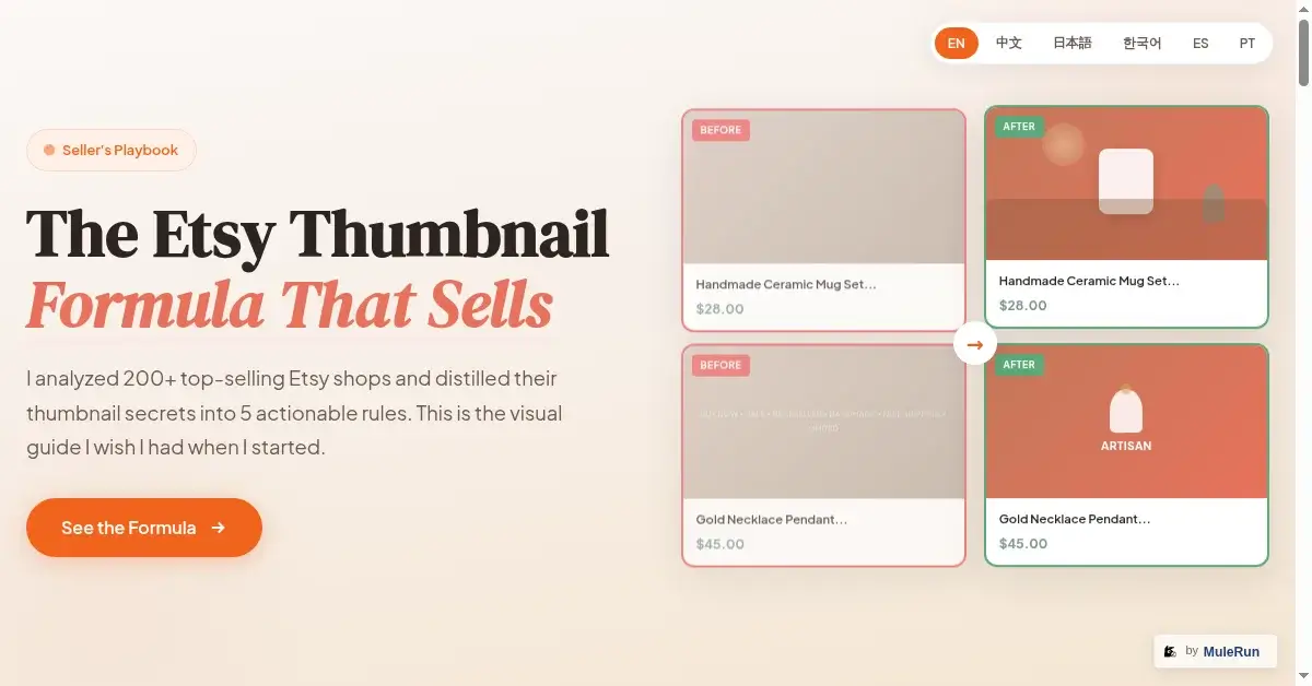 Etsy thumbnail formula guide hero section with before and after product listing comparisons