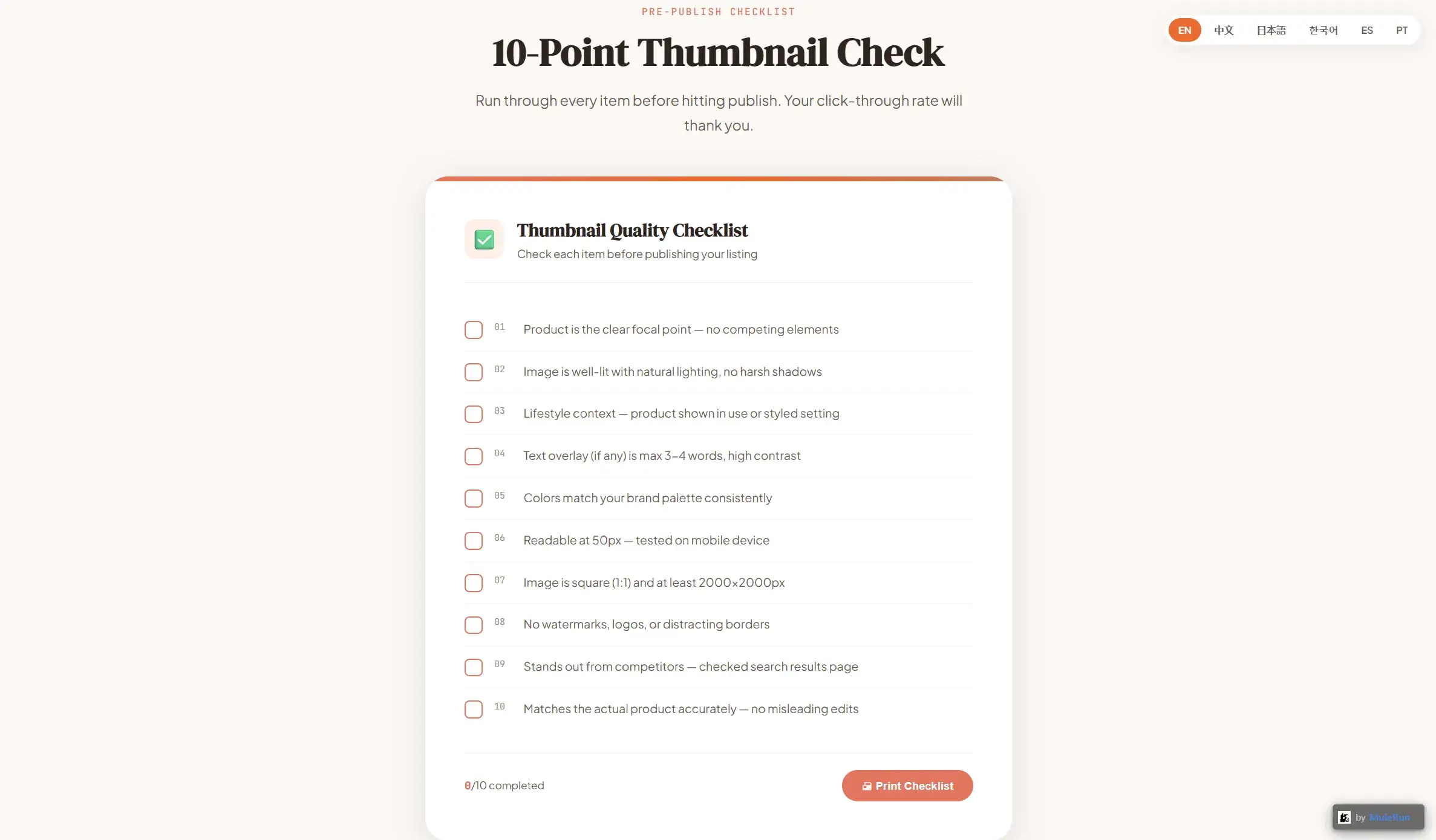 10-point pre-publish checklist for Etsy thumbnails with interactive checkboxes and print button