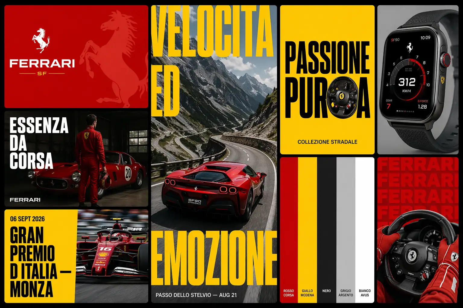 Ferrari 8-card brand identity moodboard with Rosso Corsa and Giallo Modena color system