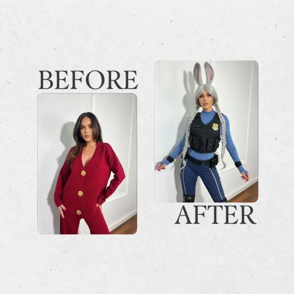 Before-and-after photo: woman in red outfit to full Judy Hopps police cosplay with ears
