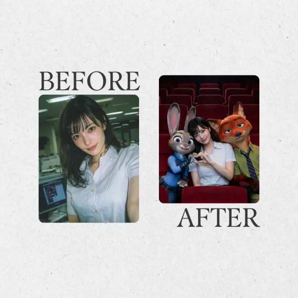 Before-and-after photo: woman in office to movie theater with Zootopia characters