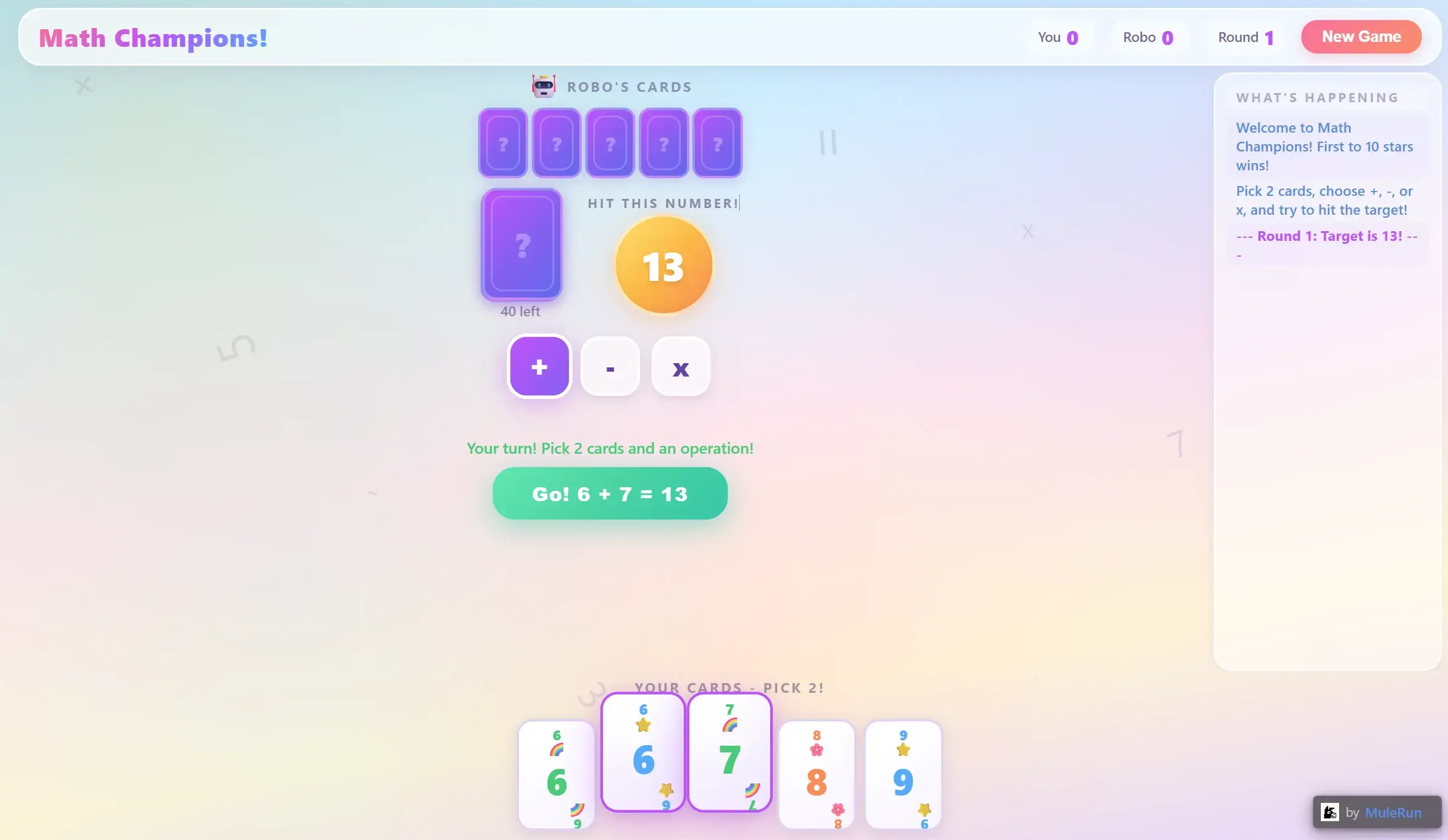 Math Champions game board with five player cards, target number 13 in orange bubble, and plus minus multiply buttons