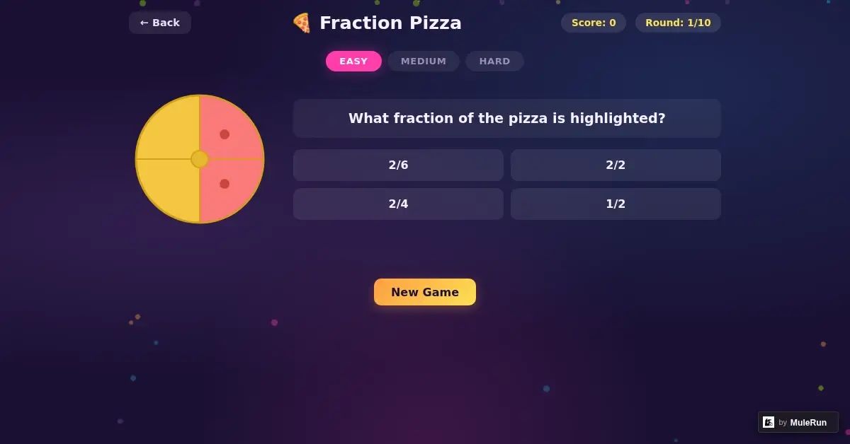 Fraction Pizza game teaching fractions through visual pizza building