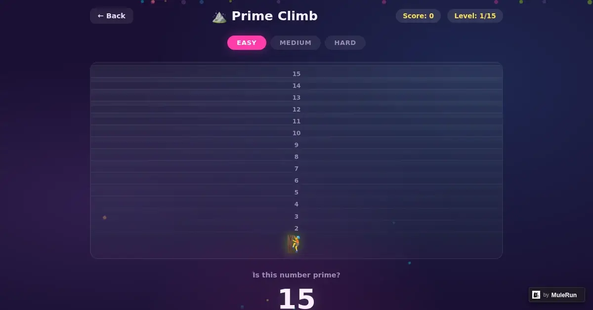 Prime Number Climb game showing mountain climbing prime identification