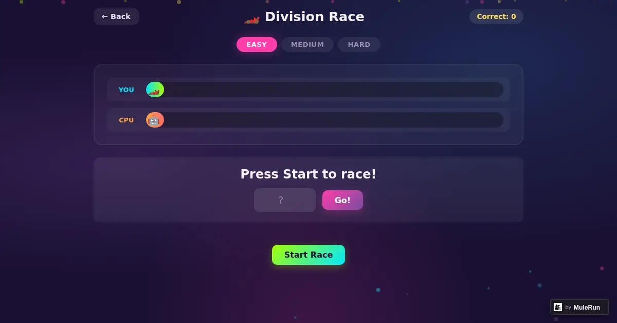 Division Race game with racing format for division math games