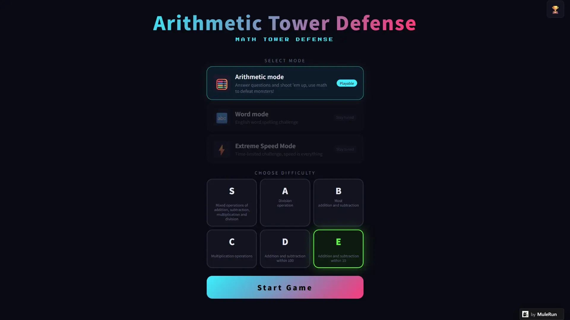 Math Tower Defense showing six difficulty levels from basic addition to mixed operations