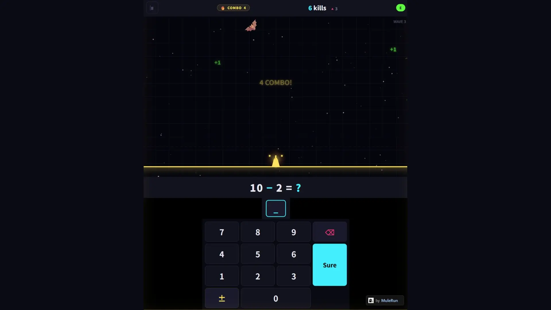 Math Tower Defense gameplay showing a subtraction problem, combo meter, and numeric keypad used to answer questions