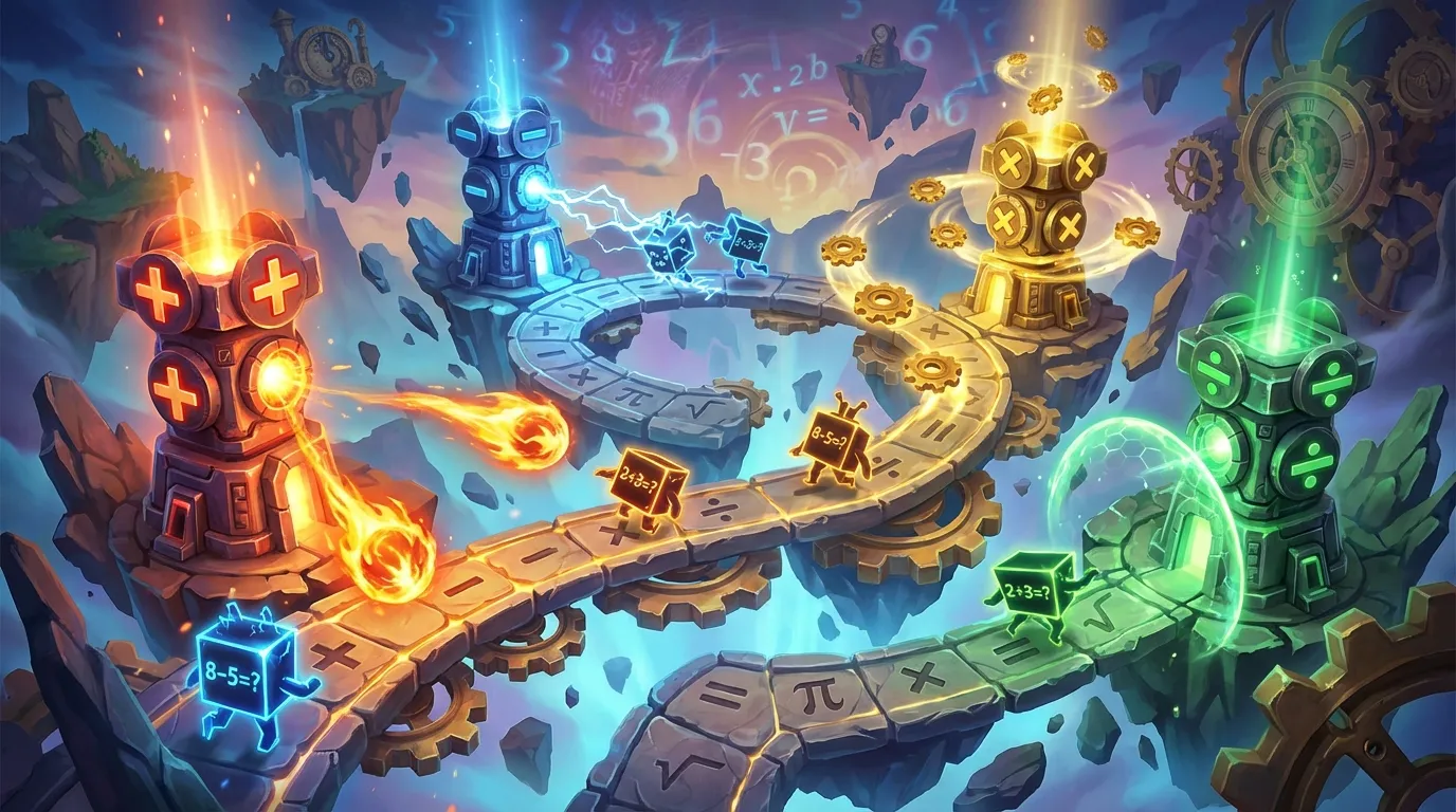 Fun math games for kids built with MuleRun Chat showing tower defense gameplay with combo meter