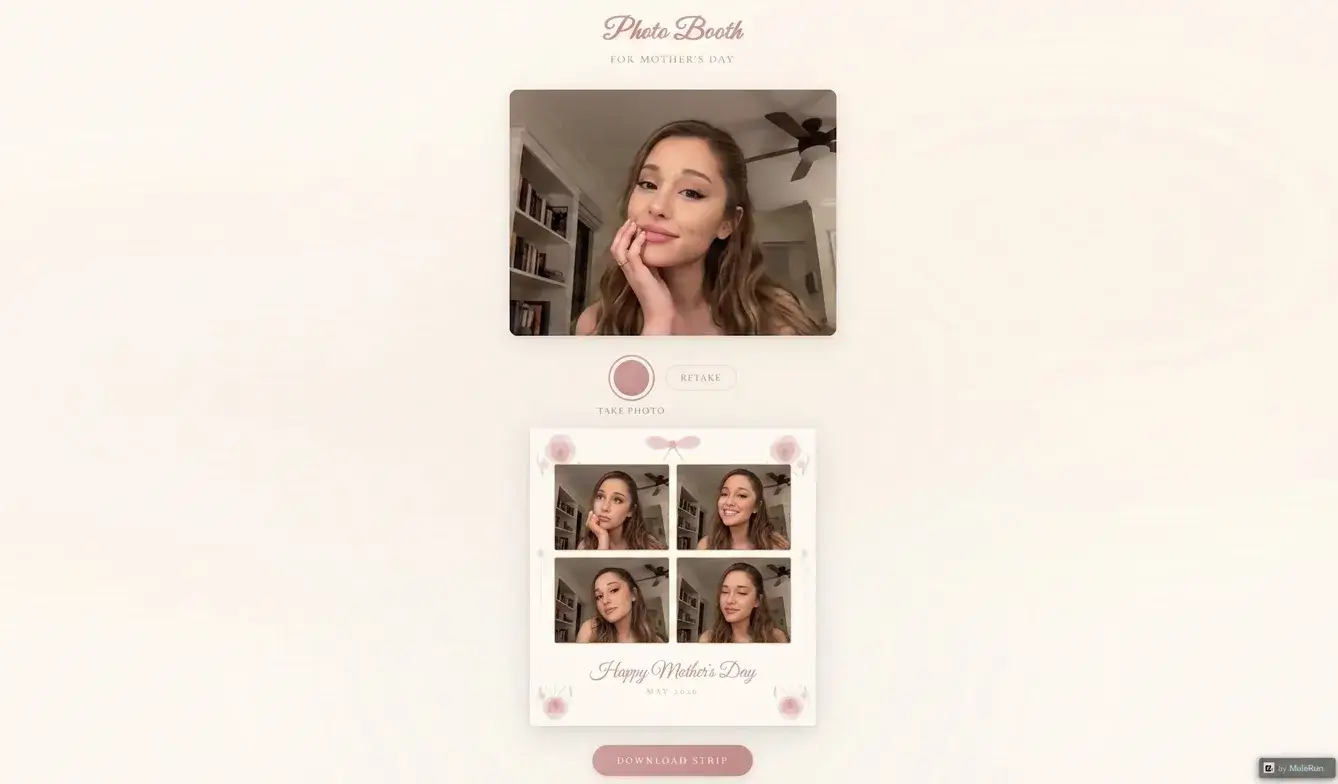 Completed photo strip with floral decorations Happy Mother’s Day message and download button