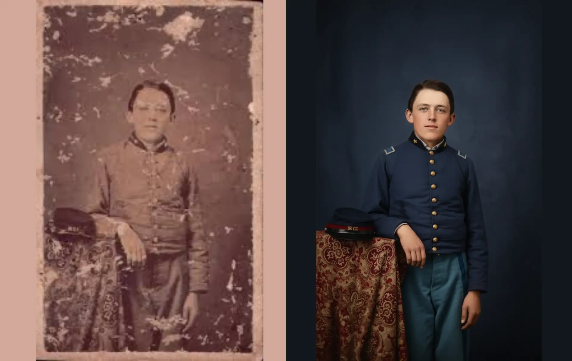 Before and after AI photo restoration of damaged Civil War era portrait colorized.