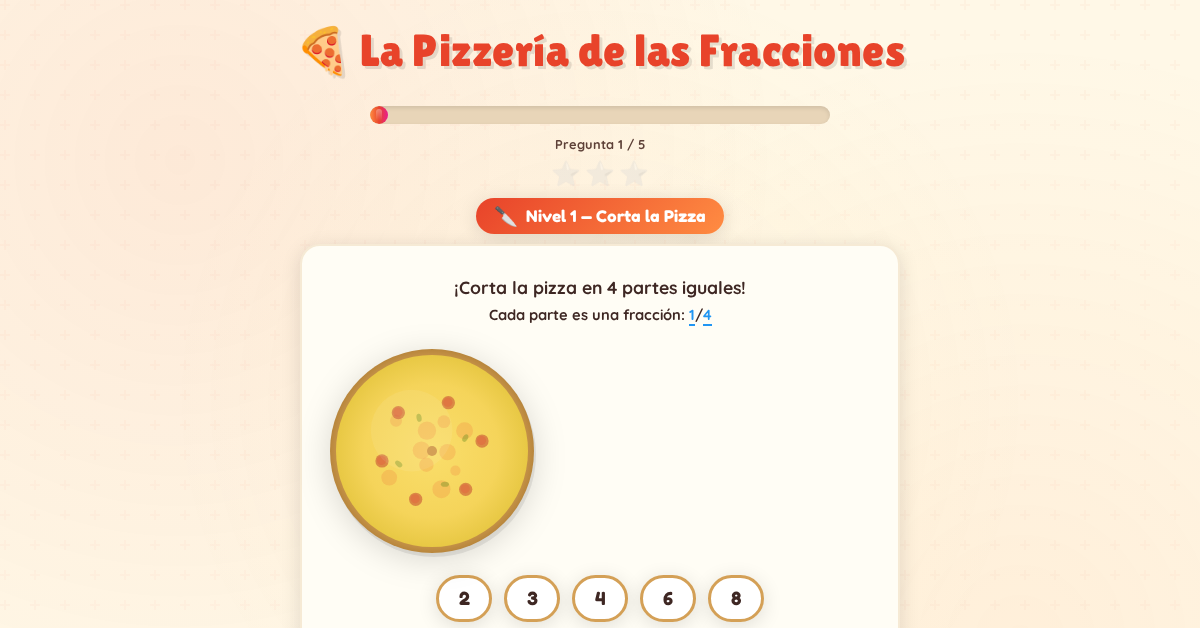 Interactive pizza cutting interface where students divide pizza into equal fractional parts