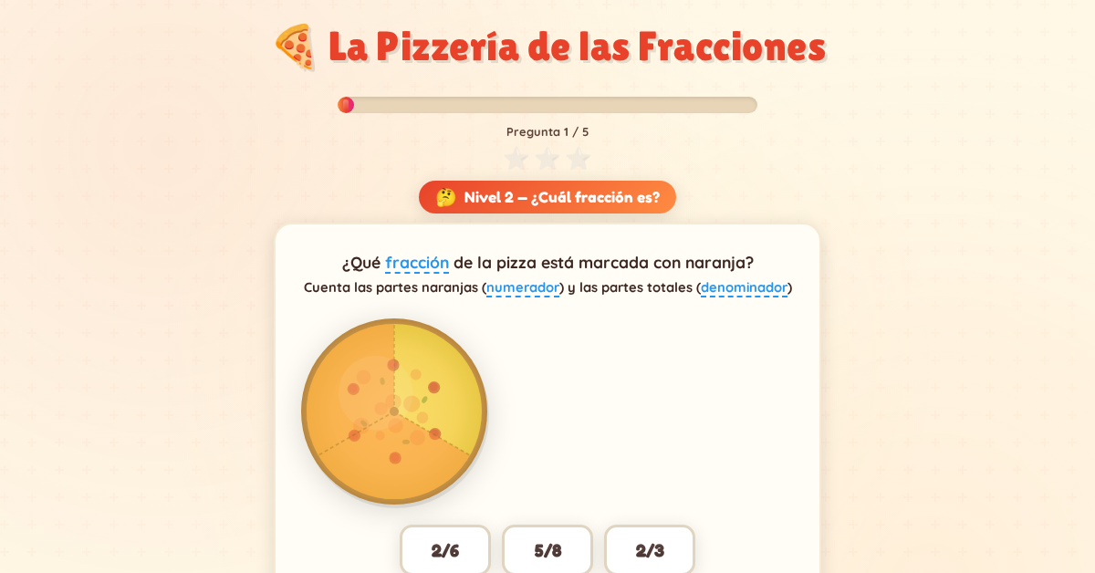 Fraction matching game asking students to identify written fractions from visual pizza slices