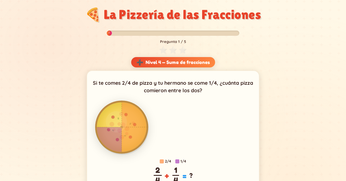 Same-denominator fraction addition game with pizza visual aids