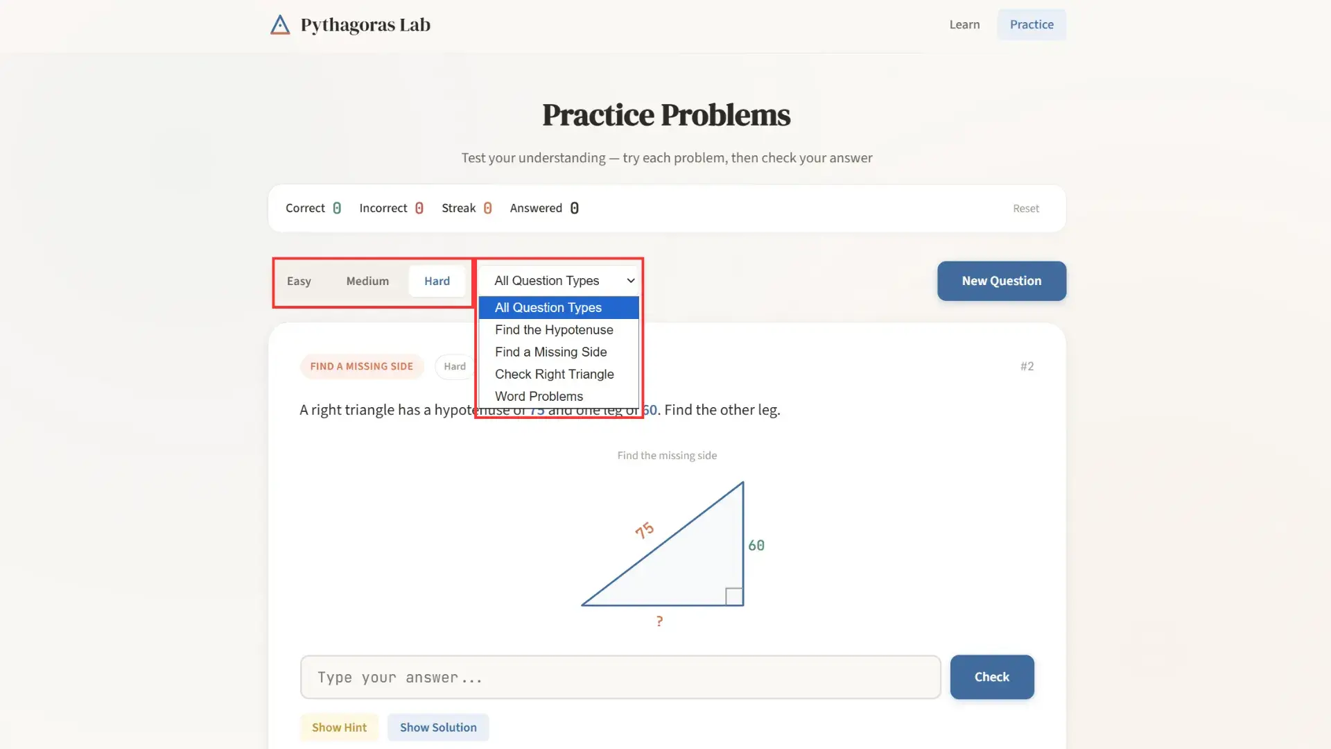 Pythagoras Lab question type dropdown and difficulty tabs with a find-the-missing-side problem and SVG triangle
