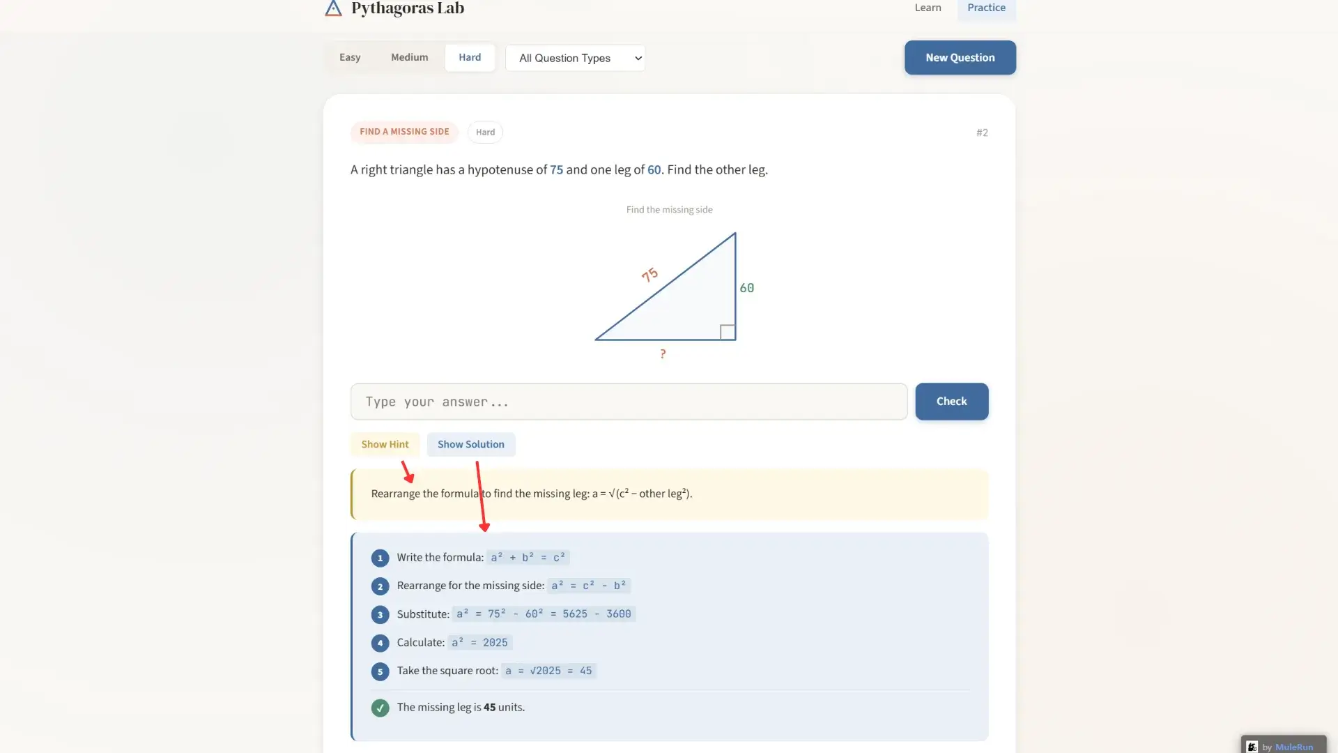 Pythagoras Lab hint and five-step solution showing how to find the missing leg of a right triangle