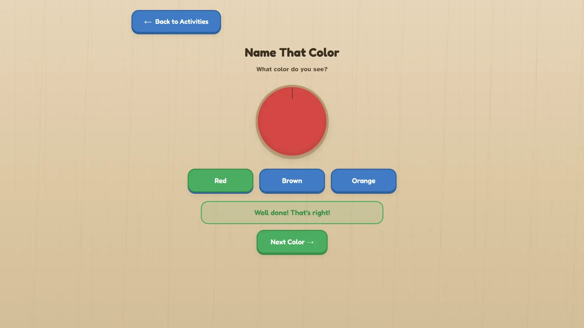 Name That Color activity for seniors with red swatch and large answer buttons