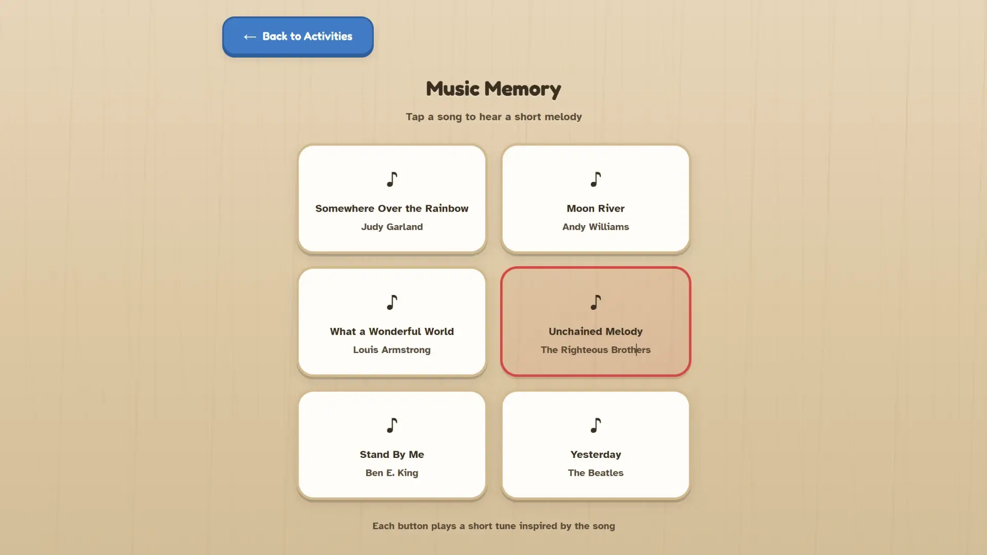 Music Memory activity for seniors with tappable song buttons for classic melodies