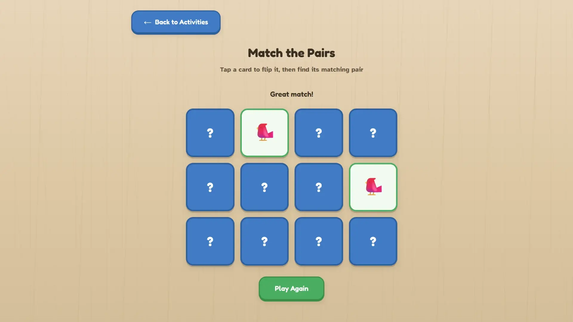 Match the Pairs card game for seniors with bird emoji pair revealed on a 4x3 grid