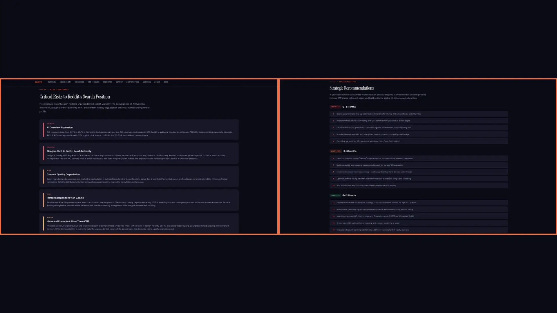 SEO report in MuleRun Chat highlighting insights, content issues, and optimization opportunities
