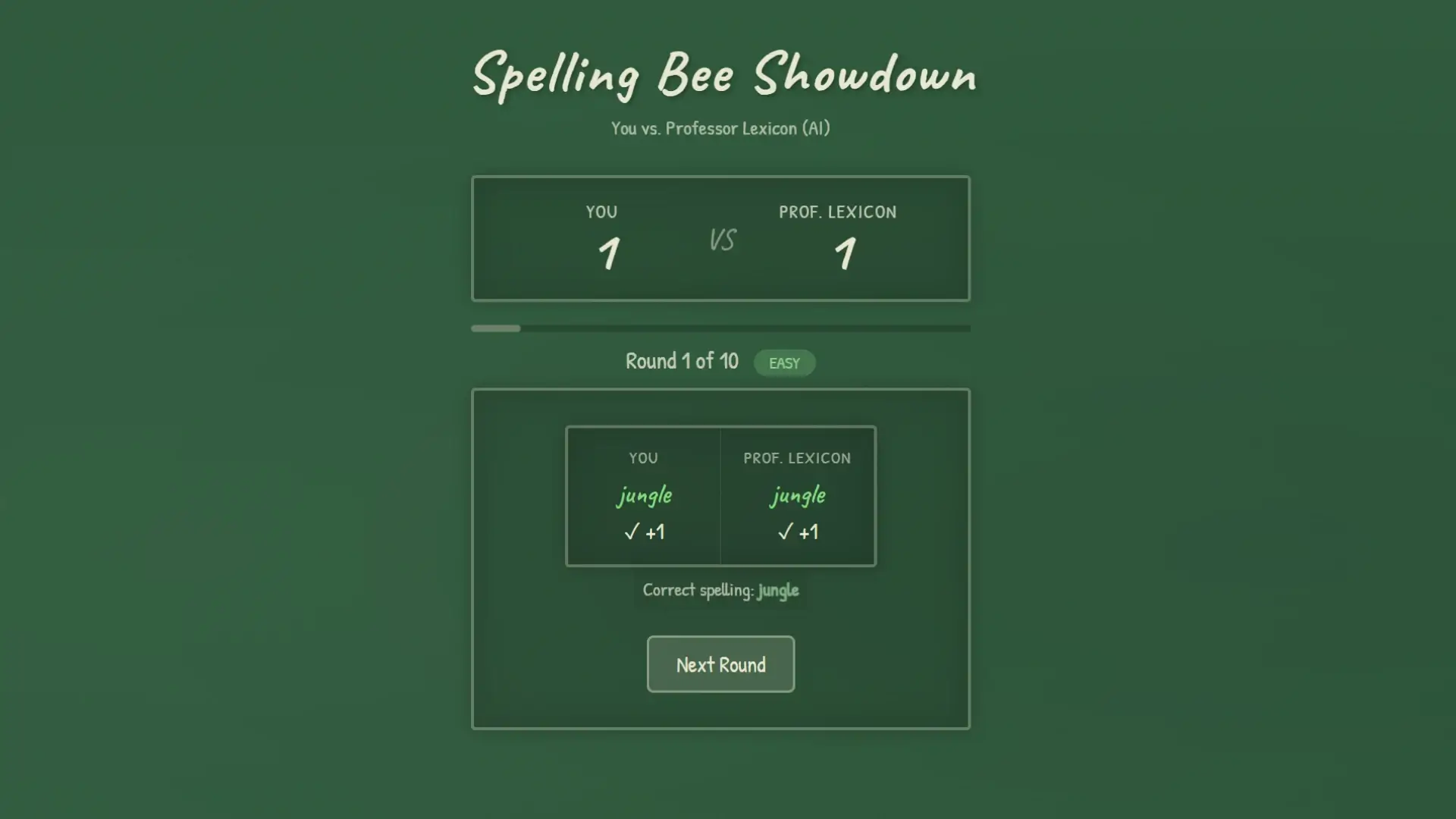 Spelling bee AI game showing round 1 results with player and Professor Lexicon both scoring correct
