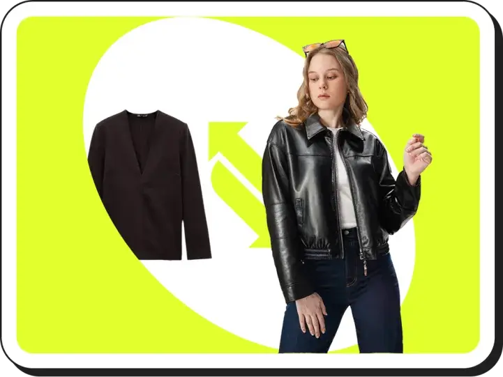 AI virtual try-on graphic showing a flat-lay jacket being digitally placed onto a human model for ecommerce display
