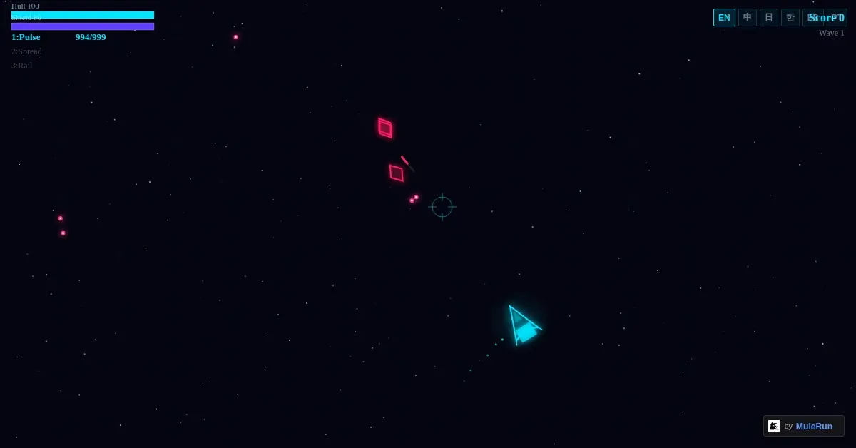 Void Strike gameplay showing thruster-based space combat with neon visuals