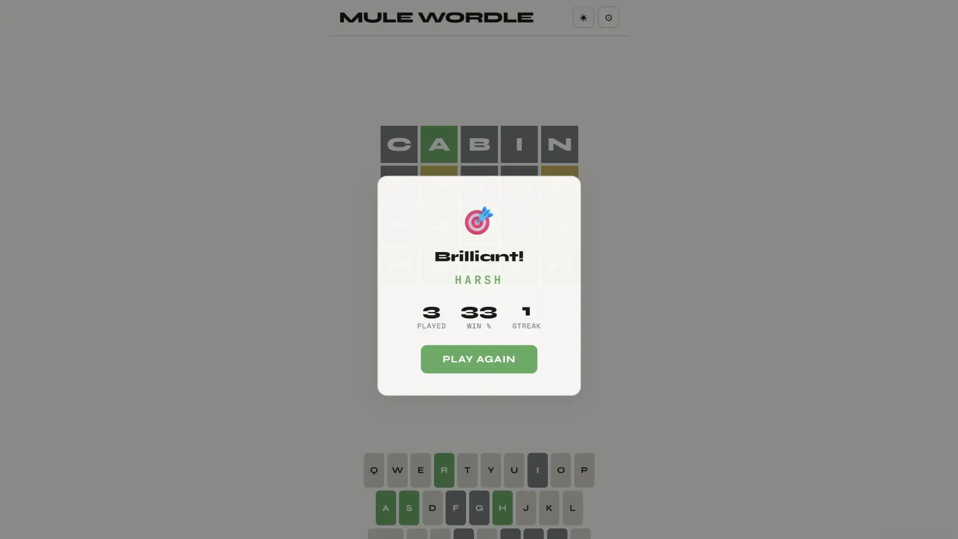 Mule Wordle word guessing game showing win screen with solved word CABIN and play stats