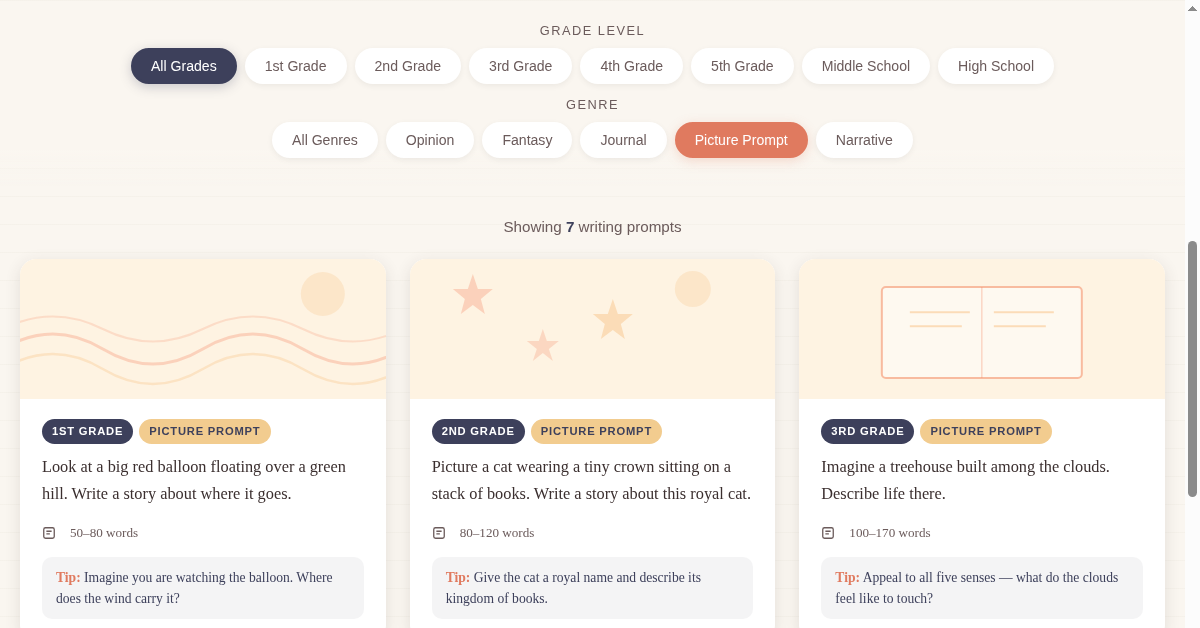 Opinion writing prompts filtered by genre showing prompts across grade levels
