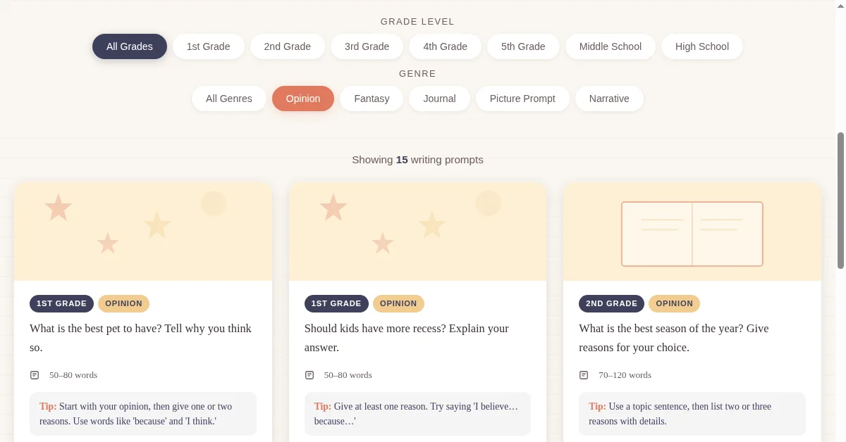 Picture writing prompts filtered view showing visual story starters for kids