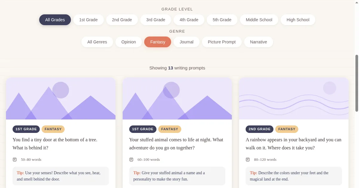 Fantasy writing prompts filtered view showing creative scenarios for all grades