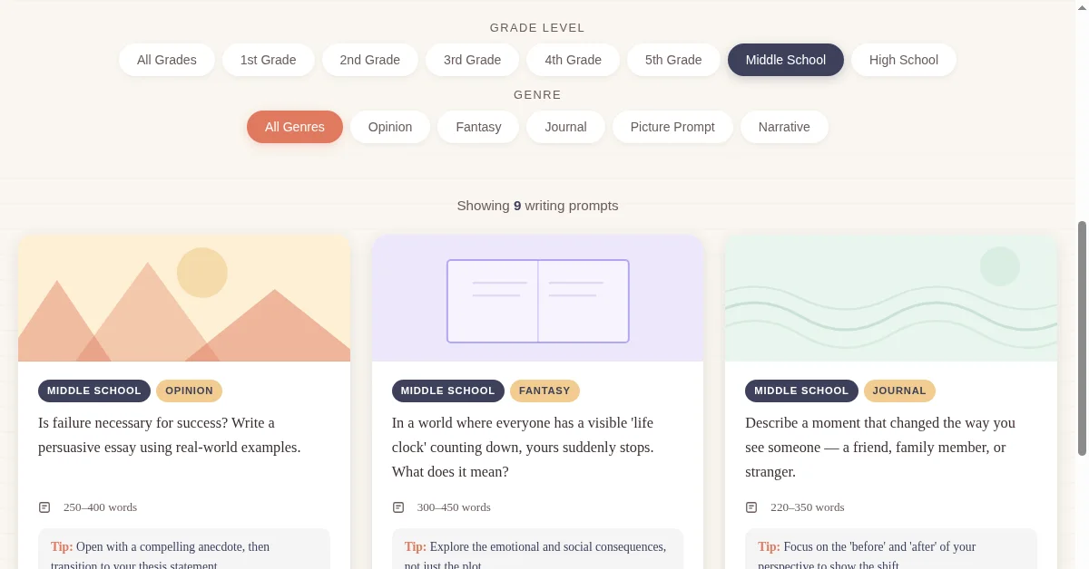 Middle school writing prompts showing opinion, fantasy, and narrative prompts