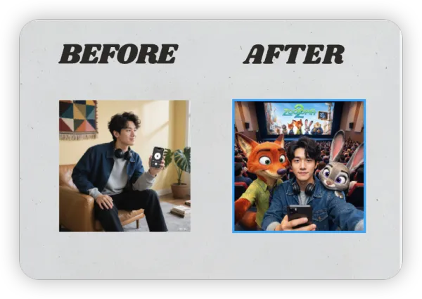 Before-and-after photo: man on sofa to cinema selfie with Zootopia characters